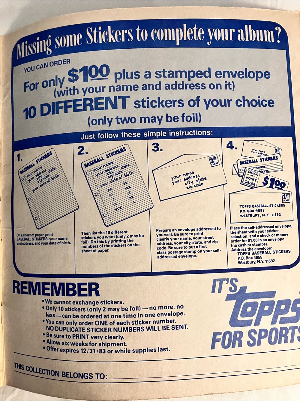 Topps Blue & White Baseball Sticker Order Page - Picture 2 of 5